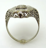 Art Deco 14k White Gold Three Genuine Natural Diamond Filigree Ring (#J3809)