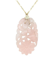 14k Yellow Gold Art Deco Carved Genuine Natural Rose Quartz Necklace (#J7180)