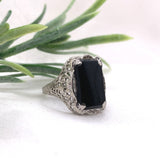 10k White Gold Filigree Genuine Natural Black Onyx Ring Size 5.25 (#J7264)