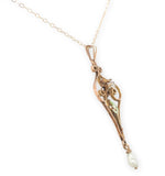 10k Gold Diamond Lavaliere Pendant w/Enamel Leaves Pearl Drop 14k Chain (#J6972)