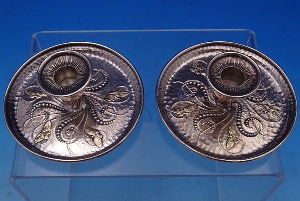 Tiffany and Co Sterling Silver Candlestick Pair Applied Gold Butterflies (#8587)