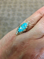 14k Gold Arts and Crafts Genuine Natural Turquoise Ring Applied Leaves (#J5214)