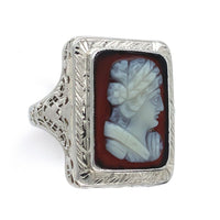 18k White Gold Filigree Genuine Natural Hard Stone Agate Cameo Ring (#J6215)