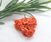 14k Gold Carved Floral Flowers Genuine Natural Orange Coral Pendant (#J7338)