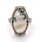 14k White Gold Moss Genuine Natural Agate Filigree Ring Jewelry (#J5748)