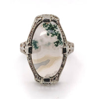 14k White Gold Moss Genuine Natural Agate Filigree Ring Jewelry (#J5748)