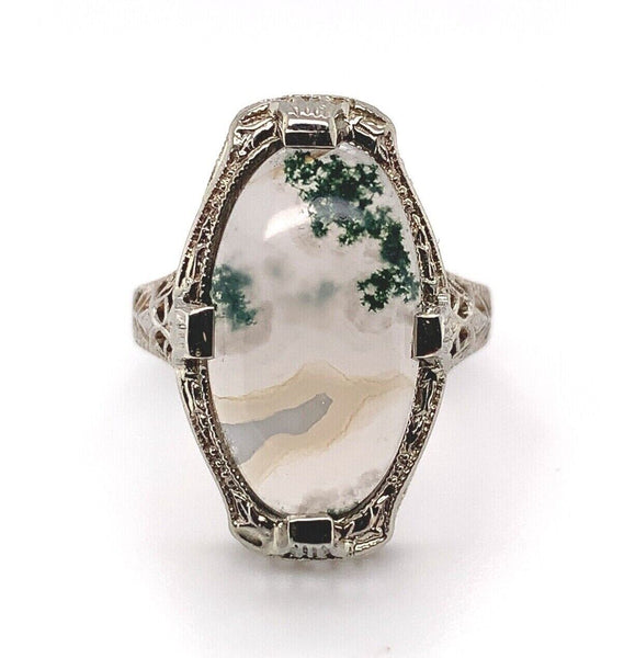 14k White Gold Moss Genuine Natural Agate Filigree Ring Jewelry (#J5748)