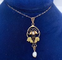 10k Yellow Gold Victorian Diamond Lavaliere Pendant with Leaves (#J5545)