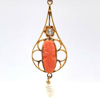 10k Yellow Gold Coral Cameo Lavaliere Pendant (#J5461)