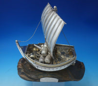 Japanese .950 Silver Sculpture Ship w/ Sail Faux Gold Barrels Wood Base (#5366)