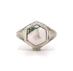 10k White Gold Hexagon Moss Genuine Natural Agate Filigree Ring (#J5749)