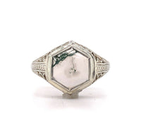 10k White Gold Hexagon Moss Genuine Natural Agate Filigree Ring (#J5749)