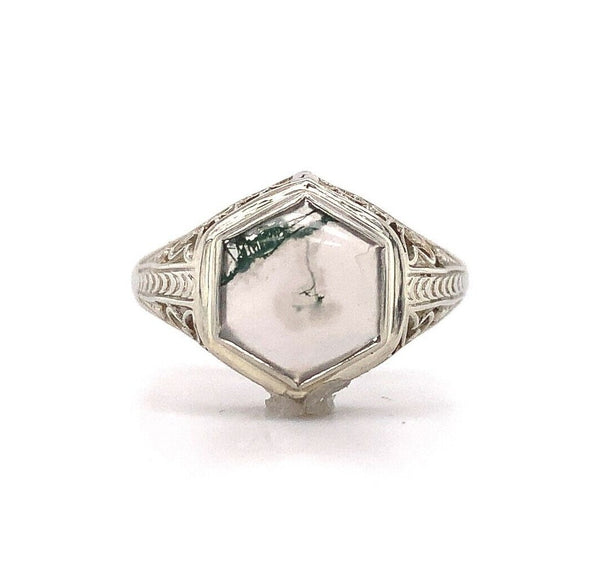 10k White Gold Hexagon Moss Genuine Natural Agate Filigree Ring (#J5749)