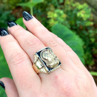 10k Yellow Gold Men's Double Warrior Gold Cameo Ring Black Enamel (#J6181)
