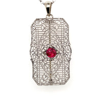 14k White Gold Art Deco Genuine Natural Ruby Filigree Pin Pendant (#J5601)