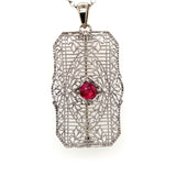 14k White Gold Art Deco Genuine Natural Ruby Filigree Pin Pendant (#J5601)