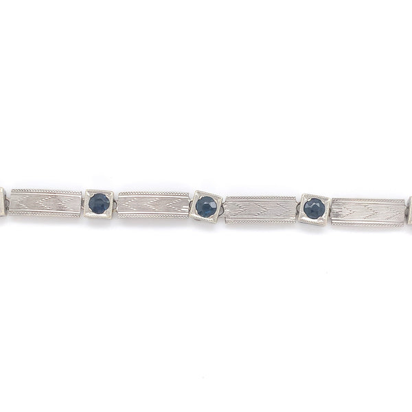 14k Gold Art Deco Genuine Sapphire Link Bracelet Guilloche Engraved (#J6504)