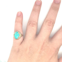 10k Yellow Gold Vintage Genuine Natural Turquoise Ring Applied Flowers (#J5213)