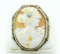 Art Deco 14k Gold Genuine Natural Shell Cameo and Diamond Filigree Pin (#J1895)