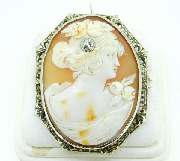 Art Deco 14k Gold Genuine Natural Shell Cameo and Diamond Filigree Pin (#J1895)