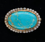 10k Yellow Gold Large Oval Turquoise Pin 1 1/8" x 3/4" Jewelry c1890s (#J6046)