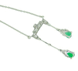 18k White Gold Double Drop Genuine Natural Emerald and Diamond Necklace (#J4715)