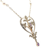 9k Lavaliere Pendant Necklace w/Amethyst and Seed Pearls with 14k Chain (#J7543)