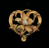10k Yellow Gold Art Nouveau Watch Pin Flower with Pearl (#J5466)