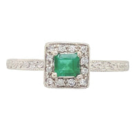10k White Gold Genuine Natural Emerald Ring with Diamond Halo Size 6.5 (#J6808)