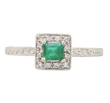10k White Gold Genuine Natural Emerald Ring with Diamond Halo Size 6.5 (#J6808)