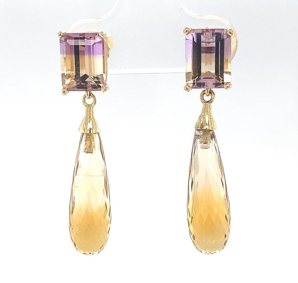 14k Yellow Gold Genuine Natural Ametrine Earrings with Citrine Drops (#J6527)