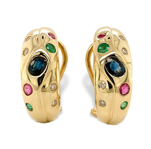14k Yellow Gold Half Hoop Earrings w/Diamonds Sapphires Rubies Emeralds (#J7226)