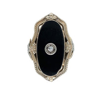 14k White Gold Genuine Natural Black Onyx Diamond Ring Scalloped Flowers #J6028