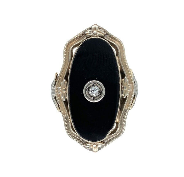 14k White Gold Genuine Natural Black Onyx Diamond Ring Scalloped Flowers #J6028