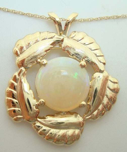14k Yellow Gold Genuine Natural Opal Leaf Pendant Jewelry (#J2753)