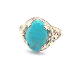 10k Yellow Gold Vintage Genuine Natural Turquoise Ring Applied Flowers (#J5213)