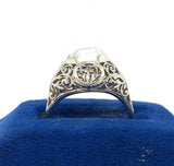 18k Gold Hand Pierced Filigree Genuine Natural Moonstone Ring Blue Flash #J5572