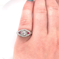 18k Gold Filigree .30ct Diamond Ring with Synthetic Lab-Created Rubies (#J5826)