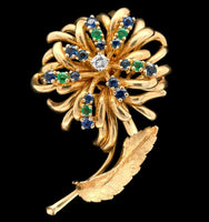 14k Gold Genuine Diamond Sapphire Emerald Flower Pin by Dan Frere (#J7040)