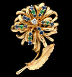 14k Gold Genuine Diamond Sapphire Emerald Flower Pin by Dan Frere (#J7040)