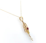 10k Yellow Gold Lavaliere with Pearl Drop and Red Glass Accent w/Chain (#J7193)