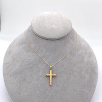 14k Yellow Gold Cross Pendant with Engraved Design and Chain Jewelry (#J6228)
