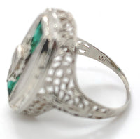 14k White Gold Filigree Crystal Glass and Genuine Natural Diamond Ring (#J6817)