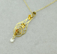 10k Yellow Gold Lavaliere Pendant with Red Glass and Pearl (#J4763)
