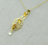 10k Yellow Gold Lavaliere Pendant with Red Glass and Pearl (#J4763)