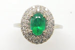 14k White Gold Genuine Natural Emerald Ring with Double Diamond Halo (#J3875)
