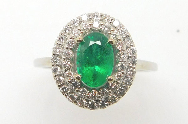 14k White Gold Genuine Natural Emerald Ring with Double Diamond Halo (#J3875)