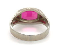 14k White Gold Men's Synthetic Lab-Created Ruby Ring w/ Hand Engraving (#J6643)