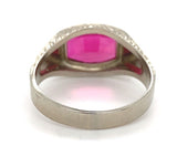 14k White Gold Men's Synthetic Lab-Created Ruby Ring w/ Hand Engraving (#J6643)