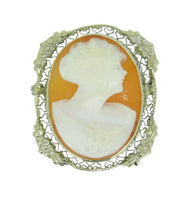 14k White Gold Genuine Natural Shell Cameo Pin Filigree Applied Flowers (#J2146)